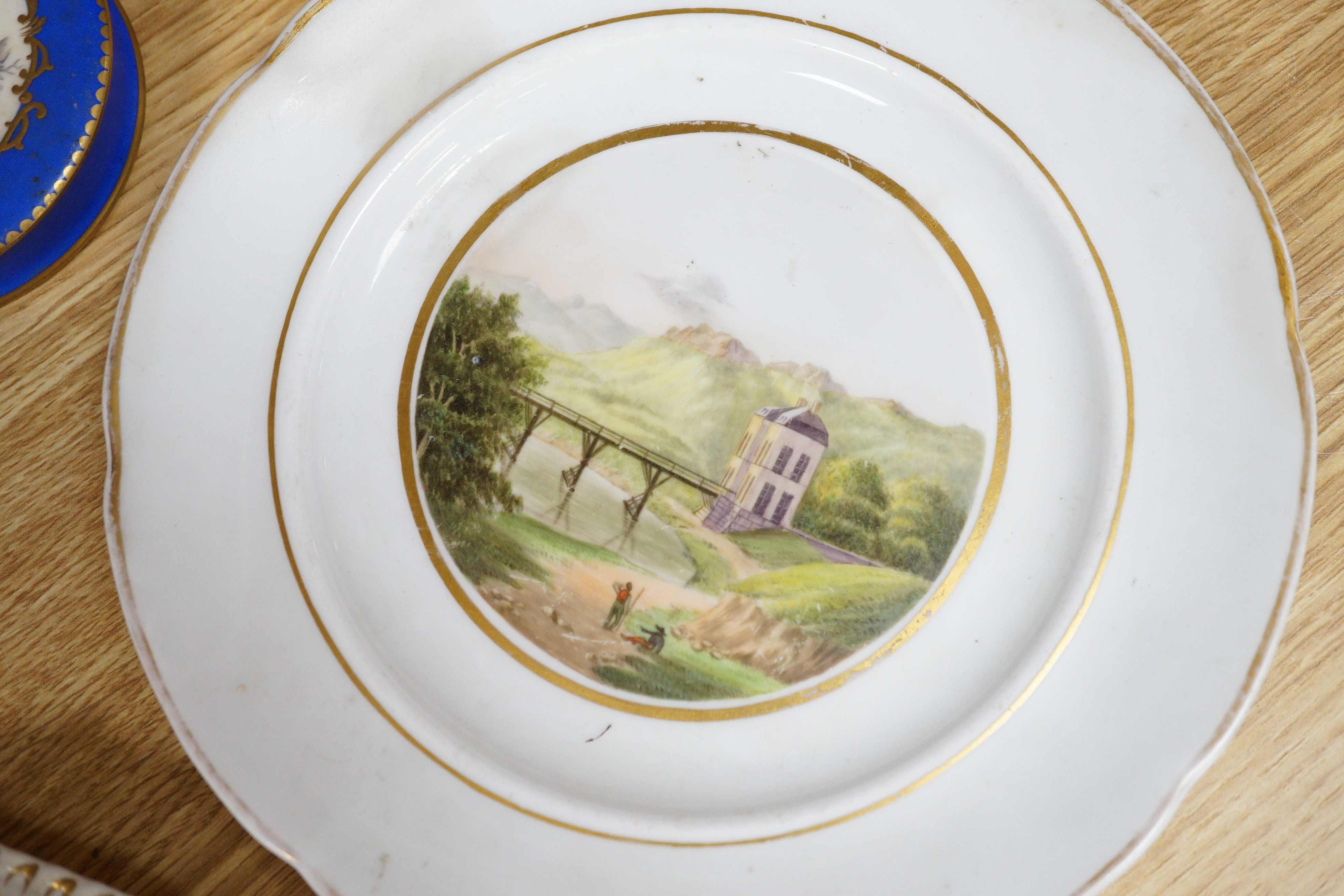 A Sampson Hancock Derby inkwell and cover, a similar coffee can, saucer and slop bowl, chantilly plate with basket-work border and four other items